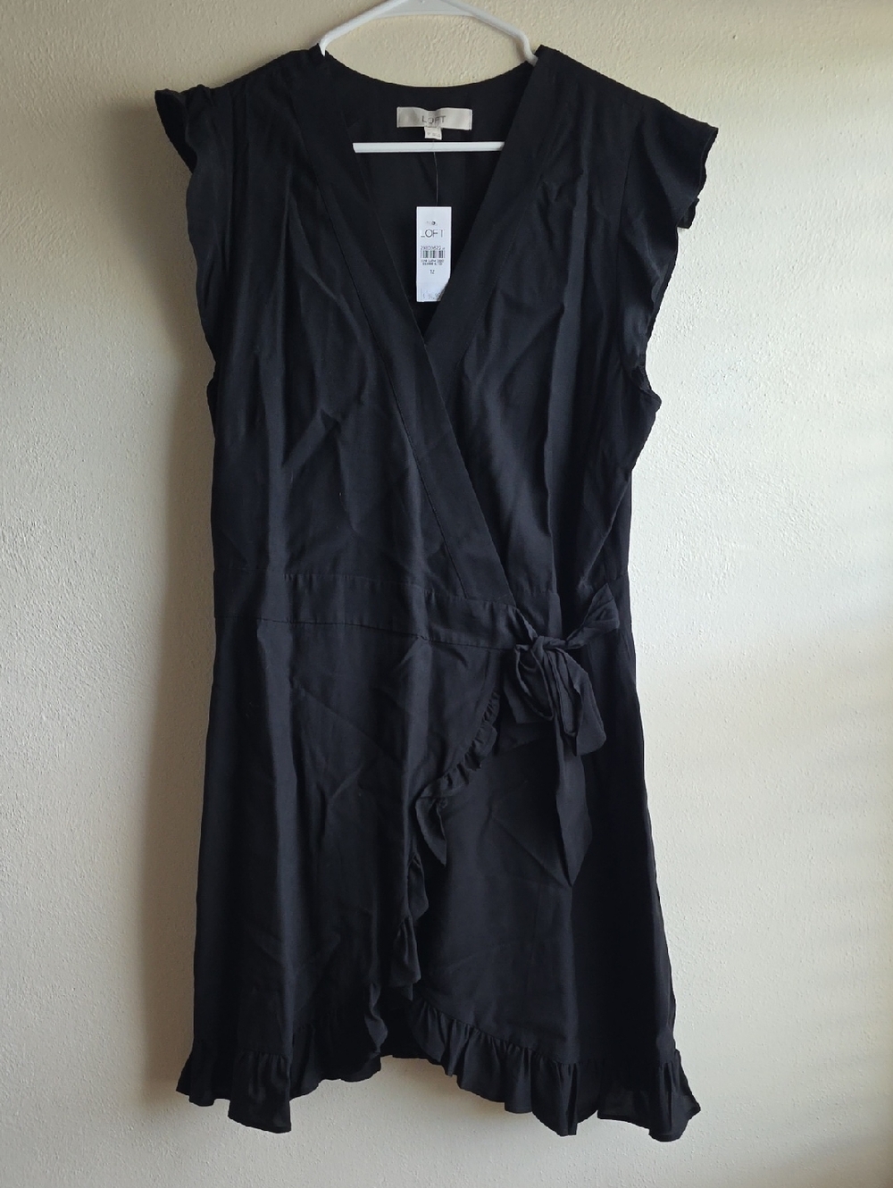 New- LOFT Black Wrap Dress with Ruffle Hem